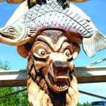 A close up view of Scott Hanson's Alaska animal totem pole carved over four days during Progress Days.