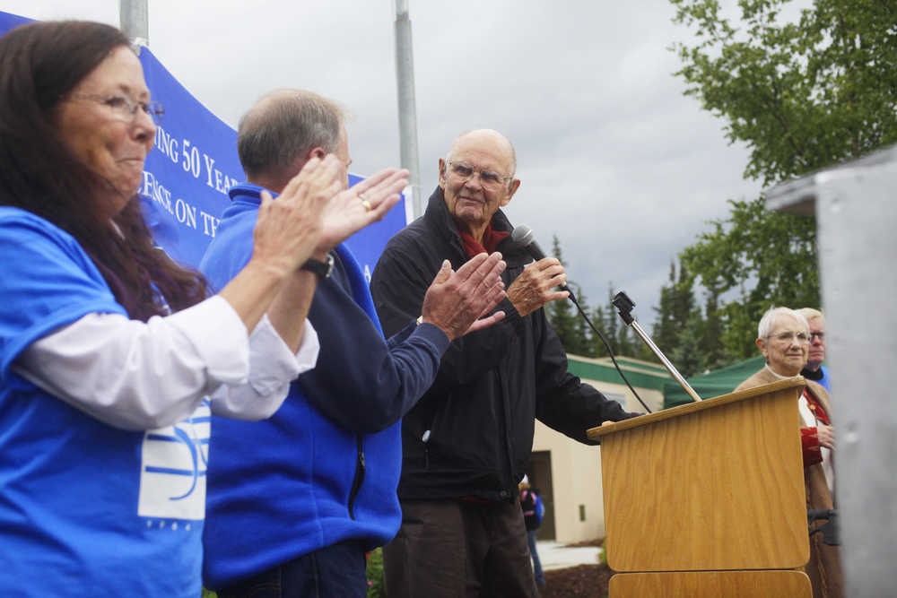 Photo by Kelly Sullivan/ Peninsula Clarion Jack Hummel, the first studnent to receive an associate of arts degree from the Kenai Peninsula Community College spoke at the Kenai Peninsula College, Kenai Peninsula Borough and Kenai Peninsula Borough School District joint 50th anniversary community barbecue, Thursday, August 14, at the KPC Kenai River Campus in Soldotna, Alaska.