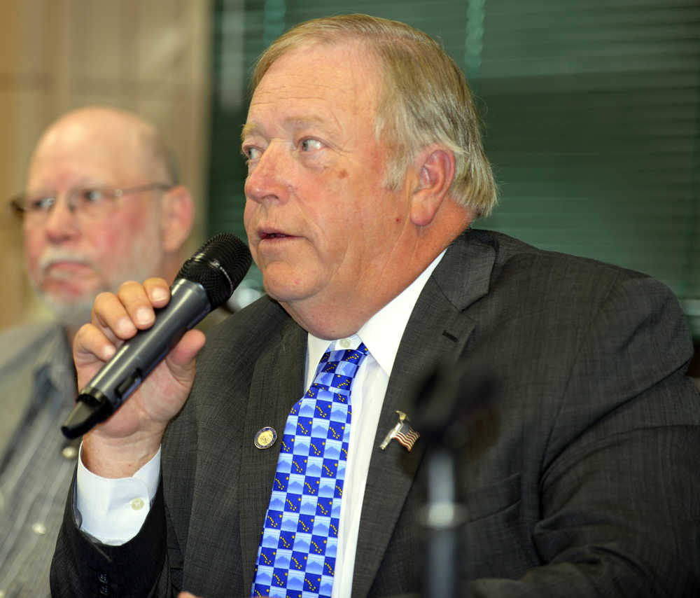 Photo by Dan Balmer/Peninsula Clarion Rep. Paul Seaton, R-Homer speaks at a State Legislature candidate forum Tuesday at the Soldotna Regional Sports Complex. Seaton, who is the incumbent for District 31, is running unopposed in the Nov. 4 election.