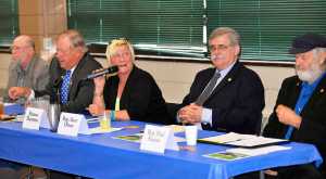 Photo by Dan Balmer/Peninsula Clarion Nikiski resident Rocky Knudsen, a Democrat, listens to a question from the audience at the State Legislature candidate forum Tuesday at the Soldotna Regional Sports Complex. Knudsen is running for the District 29 House of Representatives seat in the Nov. 4 general election.