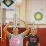 Kelly Sullivan/ Peninsula Clarion Amber Walters practices setting the ball, Thursday, August 29, 2014, during the Kenai Central High School girls varsity volley ball practice, at Kenai Central High School, in Kenai, Alaska.