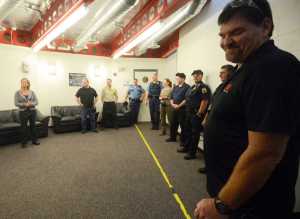 Photo by Kelly Sullivan/ Peninsula Clarion Greg Crane, who co-founded the ALICE Training Institute with his wife LIsa Crane, address Friday's group of Kenai Peninsula municipal officers and Alaska State Troopers, Friday, August 29, 2014 at the Challenger Learning Center of Alaska in Kenai, Alaska.