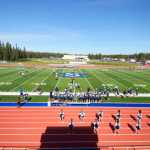 Photo by Kelly Sullivan/ Peninsula Clarion Soldotna High Schools kicks off the first game on the new track and field , Saturday, August 30, 2014 during the varsity game against Thunder Mountain high school at Soldotna High School in Soldotna, Alaska.