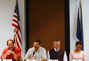 Photo by Rashah McChesney/Peninsula Clarion  Kenai City Council candidates Mike Boyle, Henry Knackstedt, Tim Navarre and Holly Spann laugh during a chamber luncheon and forum Wednesday September 10, 2014 at the Kenai Visitors and Cultural Center in Kenai, Alaska.
