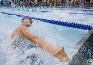 Photo by Rashah McChesney/Peninsula Clarion Kodiak's Talon Lindquist touches the edge of the pool while competing in the 50 yard breaststroke during the 2014 Sohi Pentathalon in Soldotna, Alaska. Lindquist placed second in the heat.