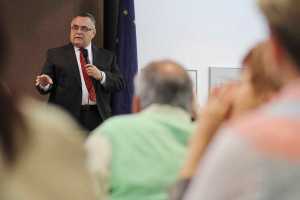 Photo by Rashah McChesney/Peninsula Clarion Kenai Peninsula Borough mayoral candidate Tom Bearup answers a question during a forum hosted by the joint Kenai and Soldotna chambers of commerce luncheon Wednesday September 3, 2014 in Kenai, Alaska.