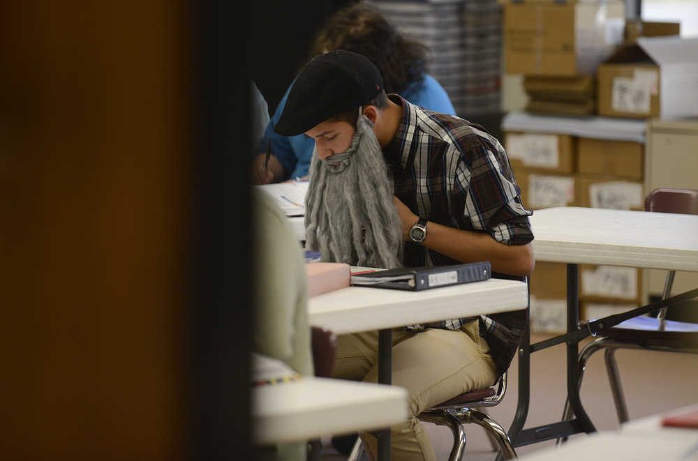 Photo by Rashah McChesney/Peninsula Clarion Students and teachers at Kenai Central High School celebrated homecoming week with a variety of themed days including Wednesday Sept. 24, 2014 which was senior citizen day.