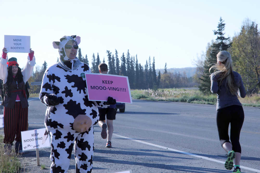 Lanie Hughes, dressed as a cow, and Dawn Murray, dressed as a pirate, hold up signs encouraging runners in the Kenai River Marathon on Sunday on Bridge Access Road in Kenai. Photo by Kaylee Osowski/Peninsula Clarion