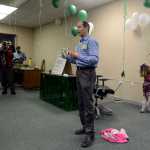 Photo by Rashah McChesney/Peninsula Clarion  Adele Bearup gives "Bear Oscars" to guests at her husband Tom Bearup's election night party October 7, 2014 in Soldotna, Alaska. Tom Bearup ran an unsuccesful campaign for Kenai Peninsula Borough Mayor.