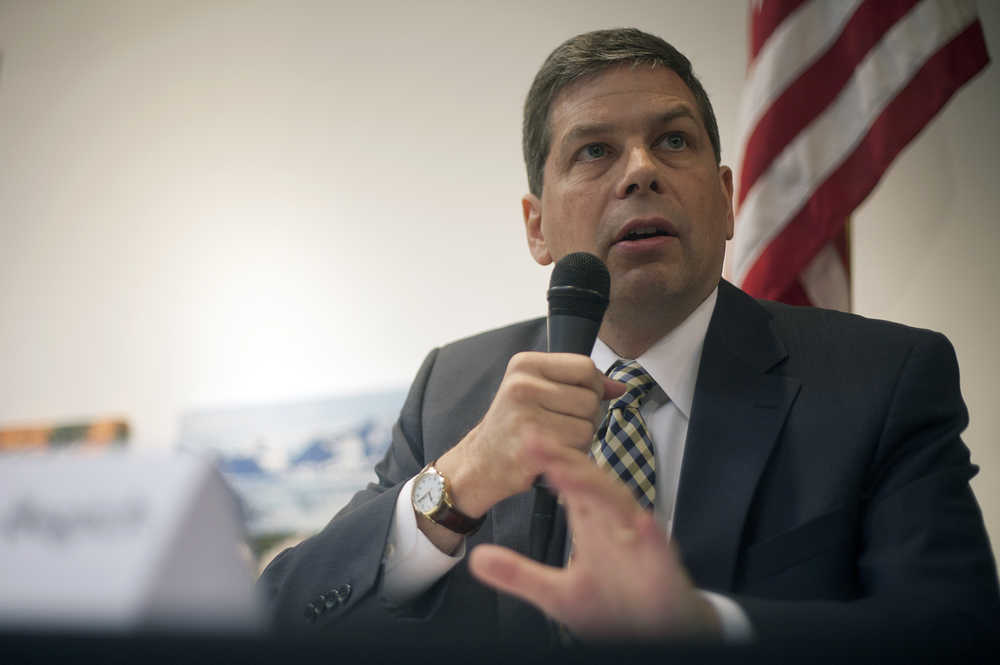 Photo by Rashah McChesney/Peninsula Clarion Incumbent Sen. Mark Begich, D-Alaska, answered questions during a forum with his two challengers, Libertarian candidate Mark Fish and Republican candidate Dan Sullivan on Tuesday Oct. 21, 2014 in Kenai, Alaska.