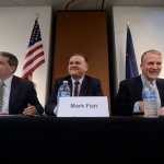 Photo by Rashah McChesney/Peninsula Clarion Democratic incumbent Sen. Mark Begich, D-Alaska, Libertarian Mark Fish and Republican Dan Sullivan answered a series of questions during a forum hosted by the Kenai and Soldotna chamber of commerce Tuesday October 21, 2014 in Kenai, Alaska.