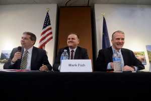 Photo by Rashah McChesney/Peninsula Clarion Democratic incumbent Sen. Mark Begich, D-Alaska, Libertarian Mark Fish and Republican Dan Sullivan answered a series of questions during a forum hosted by the Kenai and Soldotna chamber of commerce Tuesday October 21, 2014 in Kenai, Alaska.