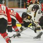 Photo by Kelly Sullivan/ Peninsula Clarion Kenai River Brown Bears' Christopher Usov challenges Minnesota Wilderness' Aaron Miller for the puck Friday, October 24, 2014 at the Soldotna Regional Sports Complex in Soldotna, Alaska.