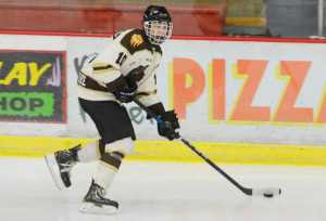 Photo by Kelly Sullivan/ Peninsula Clarion Kenai River Brown Bears Tanner Schachle gets control of the puck and sprints down the rink Friday, October 24, 2014 at the Soldotna Regional Sports Complex in Soldotna, Alaska.