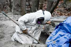 Photo by Rashah McChesney/Peninsula Clarion Several bags containing a cement mixture being pumped out of the nearby woods line an area at a Baker Hughes facility, on Wednesday November 5, 2014 in Nikiski, Alaska. The company is working to clean up several thousand pounds of concrete material it dumped into the woods over the course of several weeks.