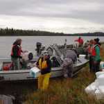 Biologists from Kenai National Wildlife Refuge, Homer Soil & Water Conservation District (SWCD), Alaska Department of Natural Resources and SePRO stage 20-lb pails of pelleted fluridone for the second treatment of Stormy Lake in September 2014.  The Fairbanks SWCD also participated to learn more about how to eradicate elodea from Chena Slough and Lake. (Photo courtesy Kenai National Wildlife Refuge