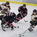 Photo by Kelly Sullivan/ Peninsula Clarion Kenai Brown Bears' Ryan Muere blocks Minnesota Magicians' Brady Heppner from intercepting Matt Rudin's control of the puck Friday, November 14, 2014 at the Soldotna Regional Sportd Complex in Soldotna, Alaska.