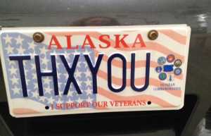 Brandi Peterson, manager of Alaska Industrial Hardware in kenai, has this message for veterans on her license plate: Alaska thanks you. (Submitted photo)