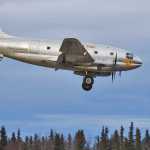 Photo by Rashah McChesney/Peninsula Clarion A WWII-era plane nicknamed "Salmon Ella," lands the Kenai Municipal airport on Tuesday Jan. 13, 2014 in Kenai, Alaska. Everts Air Fuel operates several of the planes to deliver fuel and cargo around the state.