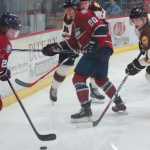 Ben Boettger/Peninsula Clarion Adam Anderson and Cameraon Cook of Fairbanks play against Sam Carlson and Evan Butcher of Kenai at a hockey game at the Soldotna Regional Sports Complex on Friday Jan. 16.