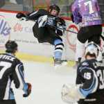 Photo by Rashah McChesney/Peninsula Clarion  Brown Bears' Tyler Bird collides with Coulee Region Chill Joe Rutkowski collides with Brown Bears' Matt Rudin during their game Saturday Jan. 24, 2014 at the Soldotna Sports Complex in Soldotna, Alaska.