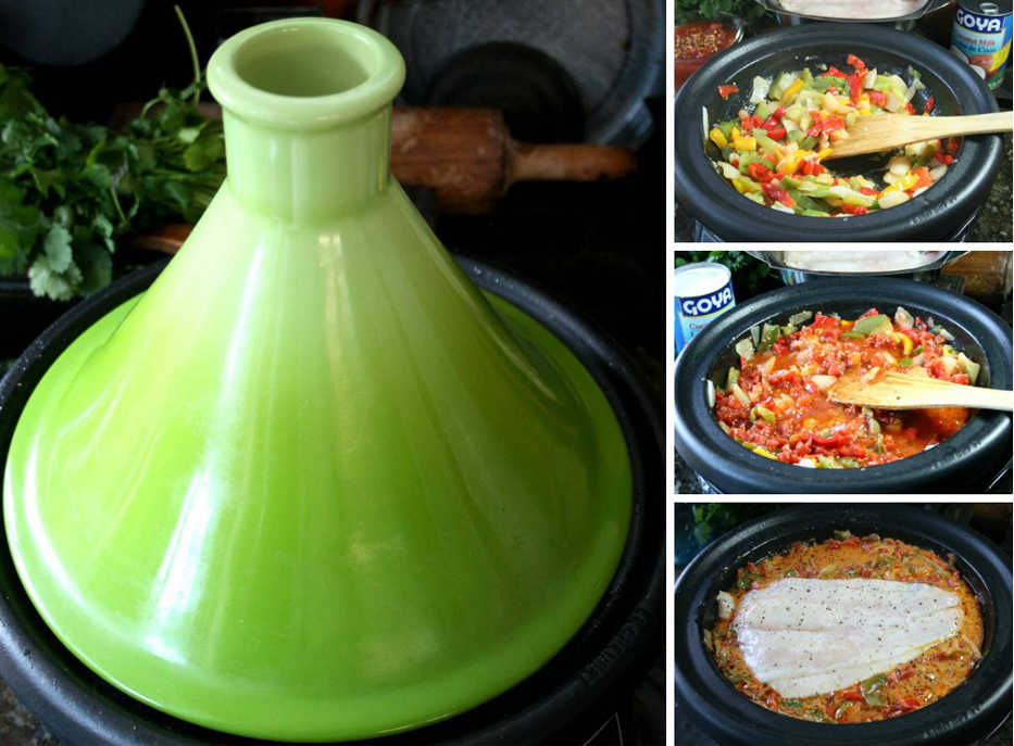 The word "tagine" refers to both the cooking vessel (left) and the stews that are cooked in them. Although the highly-seasoned  cuisines of North Africa, particularly Morocco, come to mind as classic tagine fare, the Brazilian Fish Tagine, right, splendid with the flavors of South America, proves just how adaptable a tagine can be. Source note: Enameled cast iron Moroccan tagine, with glazed earthenware cone-shaped lid, pictured in "kiwi" green, from Le Creuset, www.lecreuset.com.