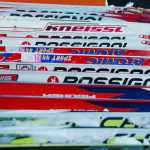 Photo by Joey Klecka/Peninsula Clarion A line of classic skis await racers in the exchange zone, Friday Feb. 6 at the Tsalteshi Trails in Soldotna.
