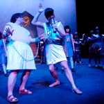 Lester Steward as Joseph (left) performs with Tim Tucker as Pharoh (right)  in a dress rehearsal for "Joseph and the Amazing Technicolor Dreamcoat" at the Kenai Central High School auditorium on Tuesday, Feb. 17.