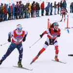 Photo by Caitlin Skvorc/Frontiersman.com Soldotna's Sadie Fox and Kenai Central's Addison Gibson compete in the first leg of the girls 4-by-3-kilometer relay Saturday at the state Nordic ski championships at Kincaid Park in Anchorage. Gibson finished the leg in third, while Fox was in fourth.