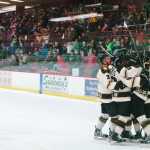 Photo by Rashah McChesney/Peninsula Clarion Kenai River Brown Bears celeberate their second goal during a game against the Fairbanks Ice Dogs on Friday March 20, 2015 in Soldotna, Alaska.