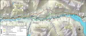 Illustration courtesy Alaska Department of Transportation This map illustrates the routes each of the four Cooper Landing Bypass alternatives would take, along with the existing Sterling Highway route. The project would likely cost between $250 and $304 million with construction beginning in 2018.