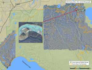 Mosaic of high-resolution aerial photographs of 110,000 acres of the Funny River Fire was captured in less than eight hours of flying. The inset shows the clarity of one segment of the Kenai River. (Image courtesy Kenai National Wildlife Refuge)