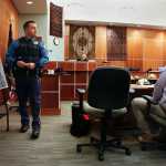 Photo by Rashah McChesney/Peninsula Clarion  Alaska State Trooper Matt Ezell circles several areas on a map of Soldotna where he searched for footprints as evidence to corroborate a story of kidnapping and rape levied against Shane Heiman (right) during Heiman's trial for a separate attempted rape on Thursday, April 16, 2015 in Kenai, Alaska. The prosecution and defense rested and closing arguments will be heard Friday before the jury goes into deliberations.