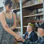 Photo by Kelly Sullivan/ Peninsula Clarion Student Annika Oren thanks Korean War veteran Jack Dean for coming to speak to her class Thursday, April 30, 2015, at Kenai Central High School in Kenai, Alaska.