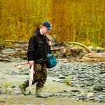 Photo by Rashah McChesney/Peninsula Clarion  Paul Twait, of Soldotna, carries a king down the bank on May 23, 2015 on Deep Creek near Ninilchik, Alaska. Twait estimated that he fished for about an hour on a silver-colored lure before catching the fish.