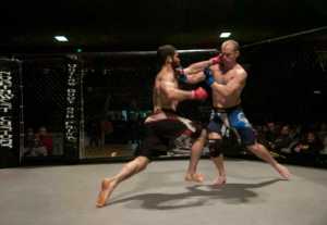 Photo by Rashah McChesney/Peninsula Clarion In this March 30, 2013 file photo (left) Mitch Fields and Mark Stogsdill both land hits during their title fight at the Peninsula Fighting Championships at the Soldotna Sports Center in Soldotna, Alaska. The Soldotna City Council is considering a resolution to award a contract to one of the two mixed martial arts promoters in the central Kenai Peninsula area as its sole purveyor of MMA events.