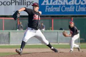 Ben Boettger/Peninsula Clarion Oilers pitcher Joe Mata stands and delivers in a game against the Mat Su Miners on Saturday, August 1 at Oilers Feild in Kenai.