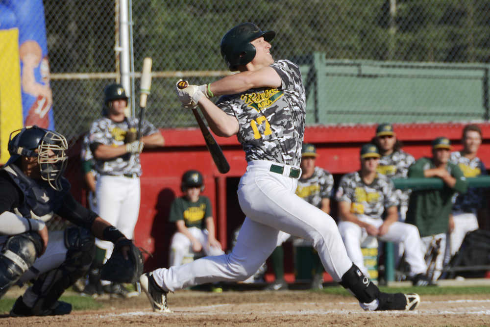 Ben Boettger Mat Su Miners infeilder Jake Schleppenbach hits the ball during a game against the Kenai Oilers on Saturday, August 1 at Kenai's Oilers Field.