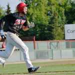 Ben Boettger/Peninsula Clarion Kenai Oilers outfielder James Fowlkes runs to first base during a game against the Mat Su Miners on Saturday August 1, 2015 at Kenai's Oilers Field.