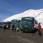 Buses are parked at Eielson Visitor Center, on Wednesday, Sept. 2, 2015, in Denali National Park and Preserve, Alaska. The summer travel season is winding down at Denali National Park and Preserve, a time of year that sees the vast majority of visitors to this largely wild place. (AP Photo/Becky Bohrer)