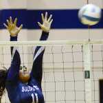 Photo by Rashah McChesney/Peninsula Clarion  Soldotna's Sylvia Tuisaula blocks a shot during a game against Colony on Thursday Sept. 17, 2015 in Soldotna, Alaska.