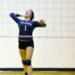 Photo by Rashah McChesney/Peninsula Clarion  Soldotna's Judah Aley serves the ball during a game against Colony on Thursday Sept. 17, 2015 in Soldotna, Alaska.