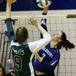 Photo by Rashah McChesney/Peninsula Clarion  Soldotna's Makenna Rosin tips the ball over the net during a game against Colony on Thursday Sept. 17, 2015 in Soldotna, Alaska.
