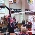 Ben Boettger/Peninsula Clarion Kenai volleyball player  smacks the ball over the net in a game against Wasilla on Friday, September 18 at Kenai Central High School.