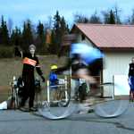 Mark Beeson calls the time at the finish line for Isaac Ehrhardt at the Chainwreck Cyclocross event Oct. 8.