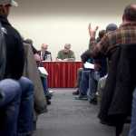 Photo by Rashah McChesney/Peninsula Clarion In this Feb. 6, 2014 file photo  Alaska Board of Fisheries members John Jensen and Tom Kluberton hear committee testimony during the triennial Upper Cook Inlet meeting Thursday Feb. 6, 2014 in Anchorage, Alaska. Kluberton, now the board's chairperson, drove the board's decision to put off voting on allowing a meeting on Cook Inlet's issues to take place on the Kenai Peninsula during an Oct. 22, 2015 meeting in Anchorage. The board will again take up the issue during it's Bristol Bay meeting in December.