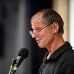 Photo by Rashah McChesney/Peninsula Clarion Brent Johnson, of Kasilof, recites a poem during the annual fisher poets gathering on Thursday Oct. 22, 2015 in Soldotna, Alaska.