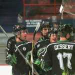 Photo by Rashah McChesney/Peninsula Clarion  Members of the Kenai River Brown Bears celebrate after scoring a goal during their game against the Aston Rebels on Friday Oct. 30, 2015 in Soldotna, Alaska.