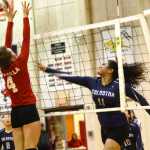 Ben Boettger/Peninsula Clarion Soldotna volleyball player Sylvia Tuisaula spikes the ball past Wasilla's Lindsey Cizek during a game against Wasilla on Thursday Nov. 5 at Kenai Central High School.
