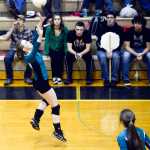 Photo by Rashah McChesney/Peninsula Clarion Nikiski's Emily Hensely sets the ball during a game against Houston on Friday Nov. 6, 2015 in Nikiski, Alaska.